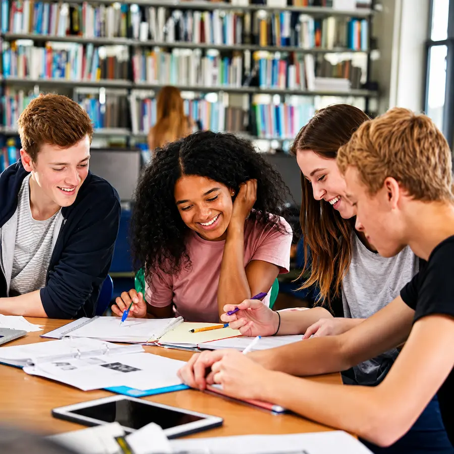 College students studying together at a table in a campus library