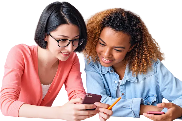 Two college students looking at a smartphone together